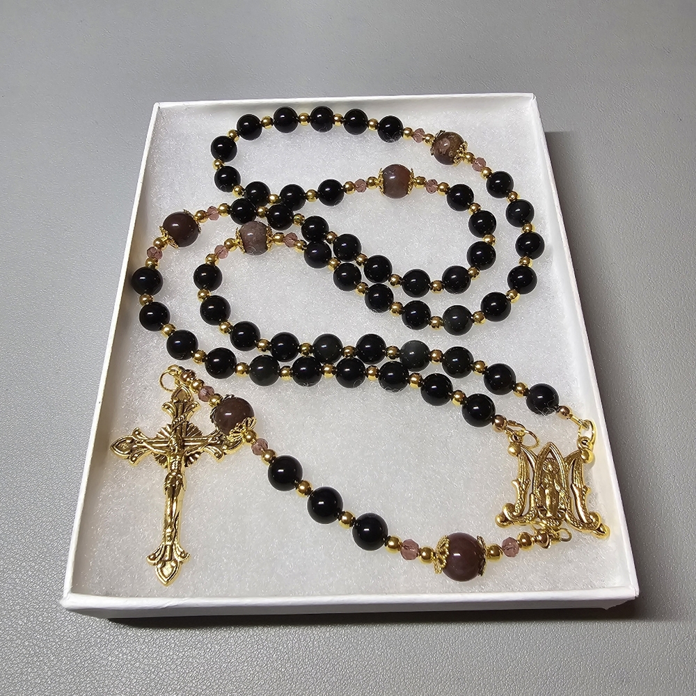 Large One Of A Kind Hand Crafted Rosary Made With Natural Rainbow Obsidian